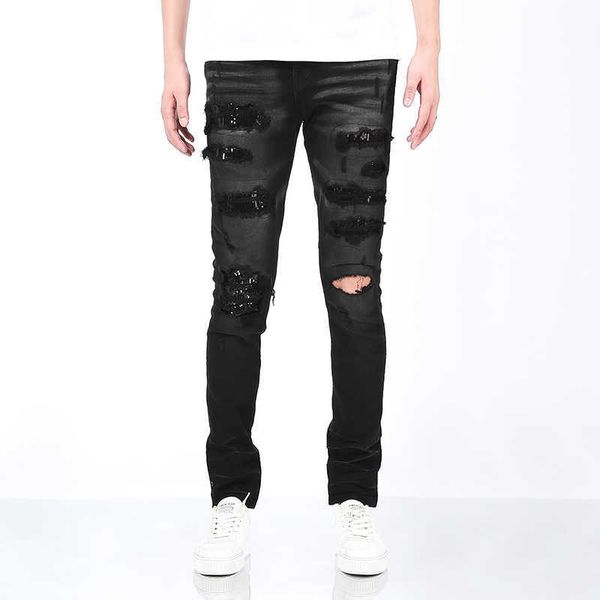 ToponAMIRI Jeans americani slim fit da uomo di marca trendy, lavati, logori, ricamati con paillettes