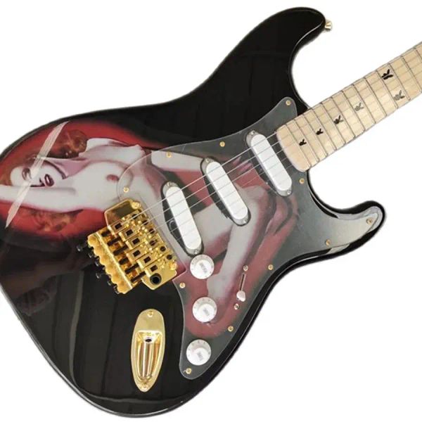 Nuovo prodotto Guitar Factory, chitarra elettrica ST con motivo, pickup bianco, vibrato dorato, tastiera in acero, può essere realizzato secondo necessità