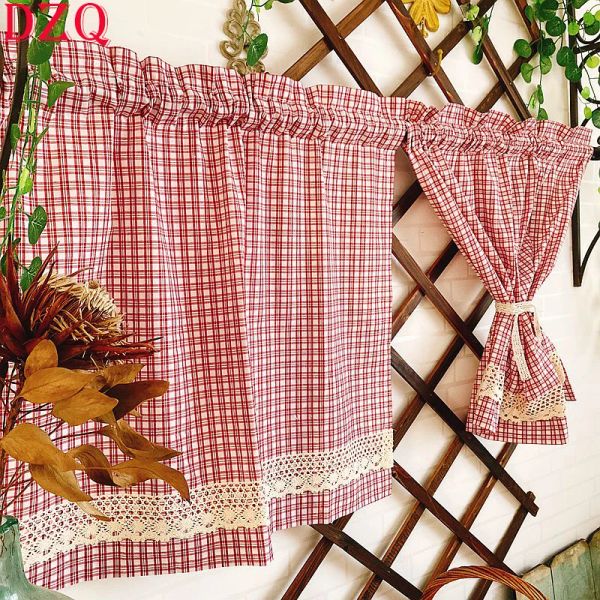 Cortinas haste bolso algodão linho coreano doce vermelho xadrez cortinas curtas para cozinha xadrez renda meia cortina para porta decoração de casa # a420