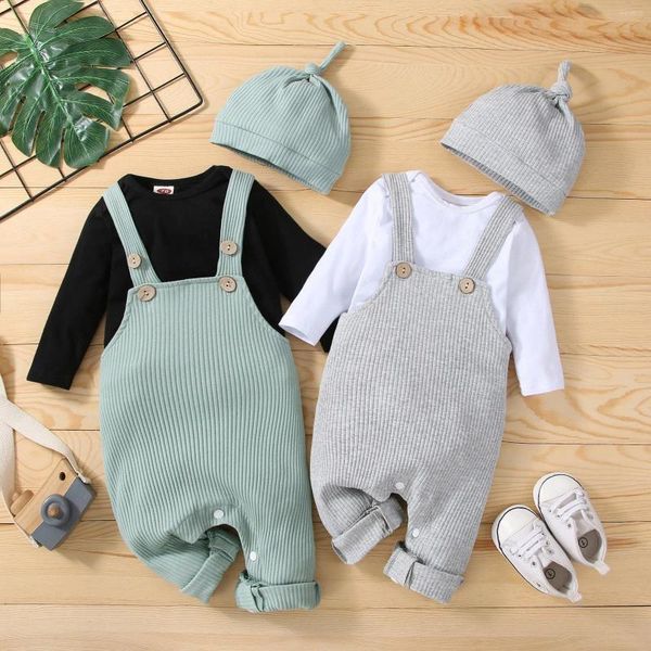 Kleidungssets Geborene Säuglingsbabys Mädchen Jungen gerippt Herbst Langarm Strampler Overall Hosenträger Hosen Hut Set Kleidung schließen für Mädchen