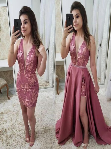 2019 Dusty Rose staccabile treno abiti da ballo scollo a V senza maniche Plus Size abito da cocktail in rilievo con applicazioni di pizzo3084101