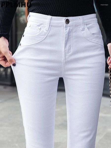 Jeans da donna Bianco a vita media Skinny Flare Donna Casual Colore caramella Pantaloni in denim da ufficio Coreano Classico elasticizzato Kot Pantolon Slim Vaqueros