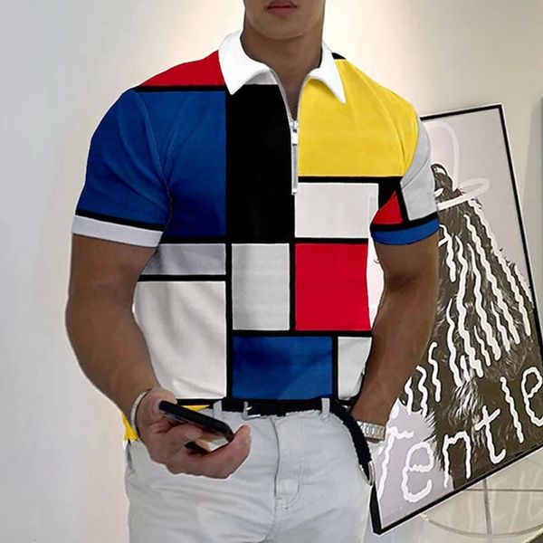 Мужская рубашка-поло с лацканами на молнии, рубашка для гольфа в клетку/клетку с графическим принтом, геометрическая отложная дизайнерская 3D-одежда, рубашка для гольфа 240318