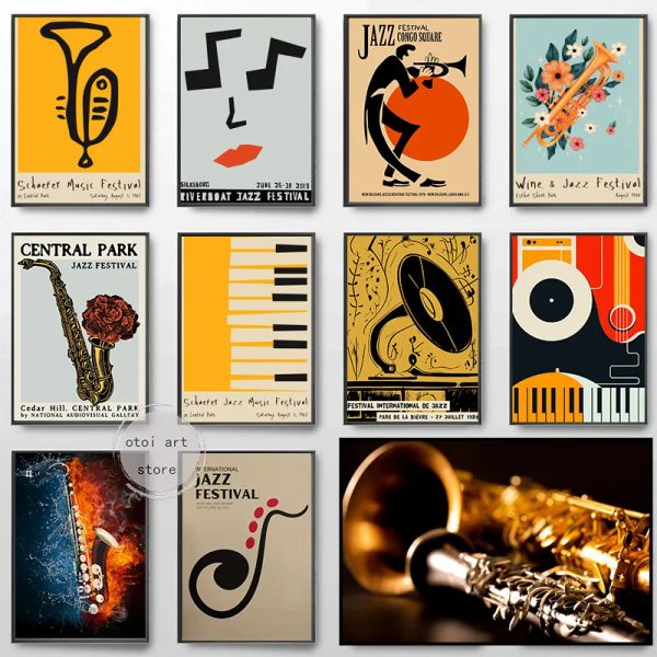 Calligrafia Musica Jazz Festival Grammofono Sassofono Strumento Gatto Art Poster Pittura su tela Stampe murali Picture Room Home Decor Cuadros