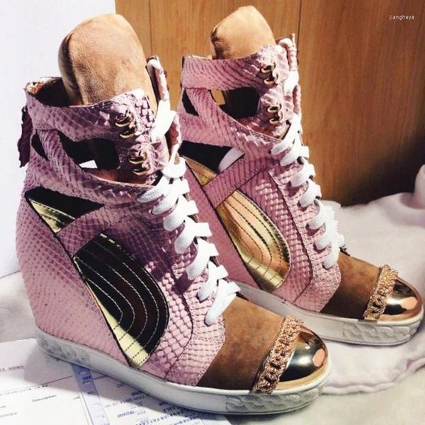 Sapatos casuais retalhos altura aumentando mulheres outono cunhas de couro genuíno rosa alta superior rendas até plataforma sneaker