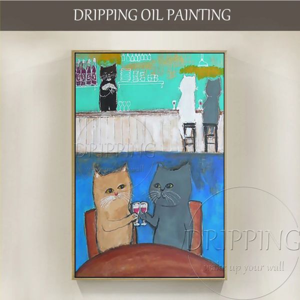 Caligrafia pintada à mão moderna imagem animal alegria gato no pub pintura a óleo sobre tela engraçado arte da parede animal bebendo gato pintura acrílica