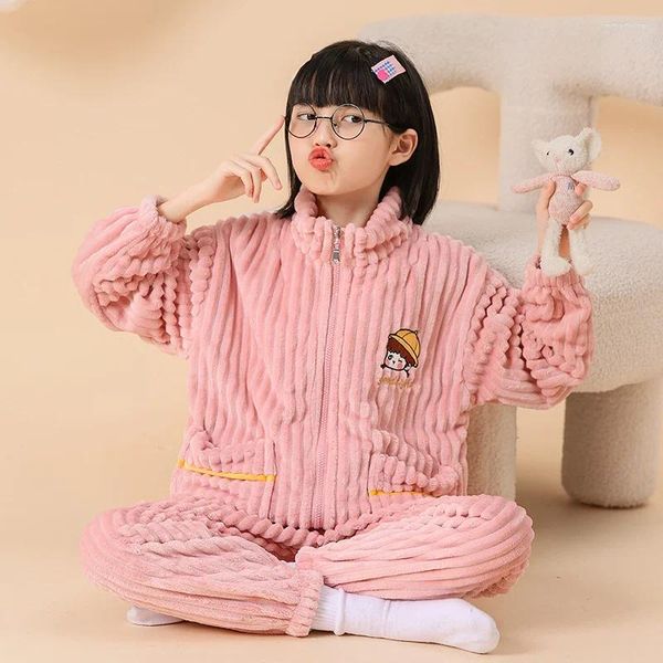 Kadınların Pijama Sonbahar Kış Çocuk Pijamaları Bebek Kalınlaştırılmış Çocuğun Flannel Kızının Mercan Polar Sıcak Yumuşak Ev Takım