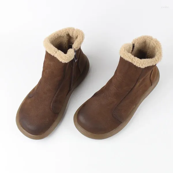 Stiefel Vintage Art Woolly Ankle Damen Winter und Fleece Frosted Cowhide Side Zipper Weiche Ledersohle Komfort