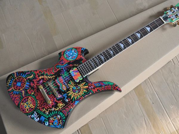 Decalque de padrões abstratos de guitarra, guitarra elétrica incomum com hardware dourado, braço de pau -rosa, ofereça personalizado