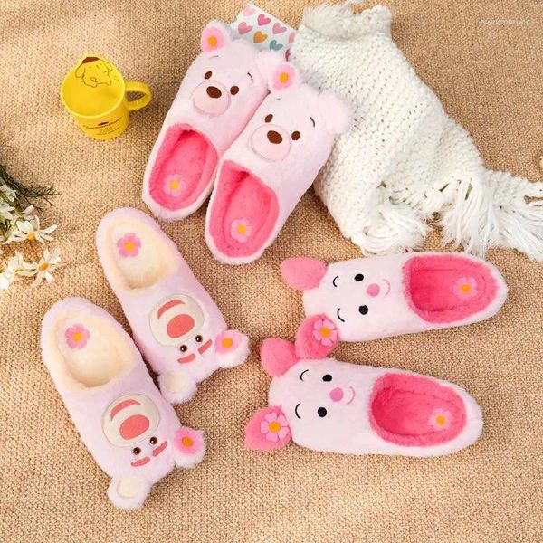 Chinelos Interior Dos Desenhos Animados De Pelúcia Quente Casa Sapatos Piso Plano Não-Slip Japonês Rosa Urso Porco Menina Anime Inverno