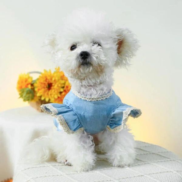 Vestuário para cães Roteamento preciso Traje para animais de estimação elegante vestido jeans com mangas anel de tração confortável princesa para cães elegante