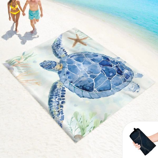 Matte Stranddecke Sanddichte wasserdichte sandfreie Matte mit Ecktaschen und Netztasche für Outdoor, Picknick, Reisen, Aquarell-Schildkröte