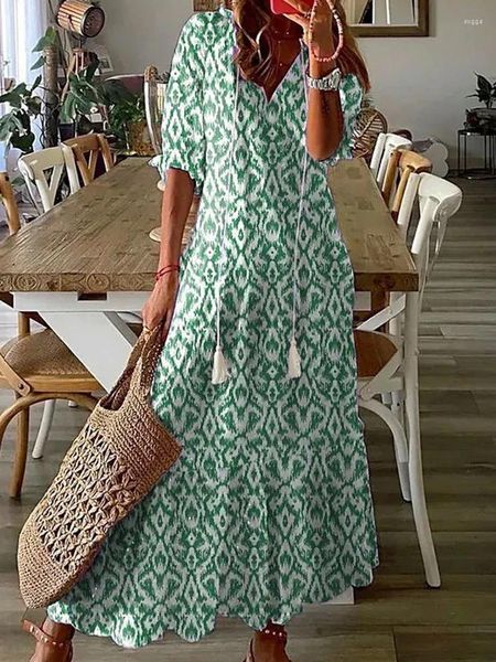 Abiti da festa con stampa modello abito da spiaggia donna moda estiva scollo a V mezza manica lunga da donna vintage casual allentato per le vacanze