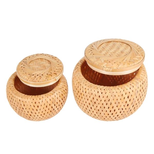 Set di cestini di 2 piccoli cestini decorativi in bambù con coperchio per riporre piccoli oggetti. Scatola portaoggetti in bambù intrecciato e fatto a mano.