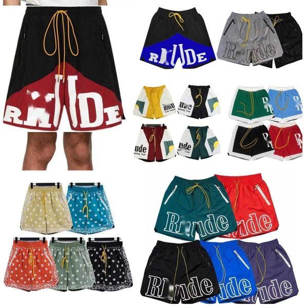 2024 Novo Rhude Shorts Masculino Shorts de natação Verão Moda Praia Calças Sportswear Carta Impressão Vermelho Azul Preto Roxo Secagem Rápida Respirável Shorts masculinos