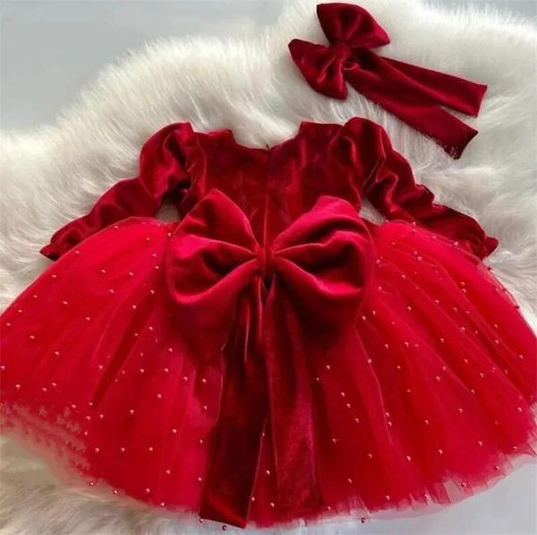 Abiti da ragazza Fantasia Abito rosso da bambino Top in velluto Perle Fiocco grande Bambini Maniche lunghe Festa Compleanno di celebrità con fiocco