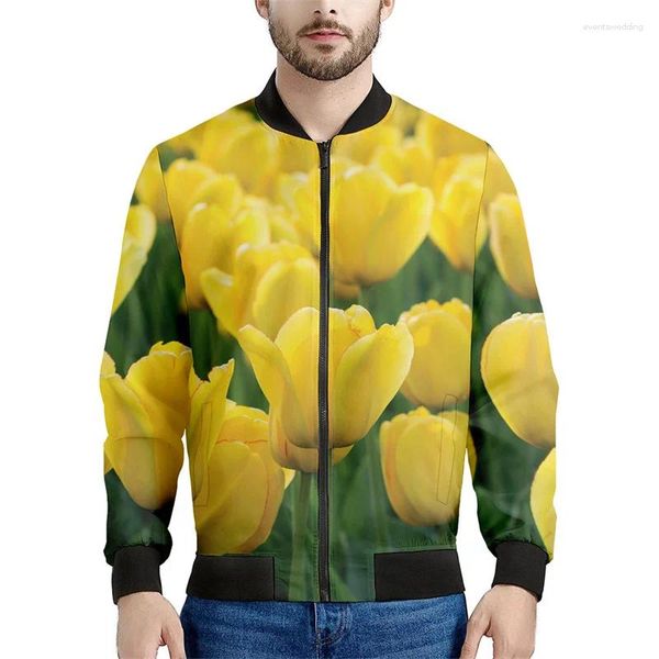 Jaquetas masculinas Países Baixos Tulip Flower Zipper Jaqueta Homens 3D Impresso Floral Moletom Mulheres Cool Mangas Compridas Tops Street Bomber Casaco