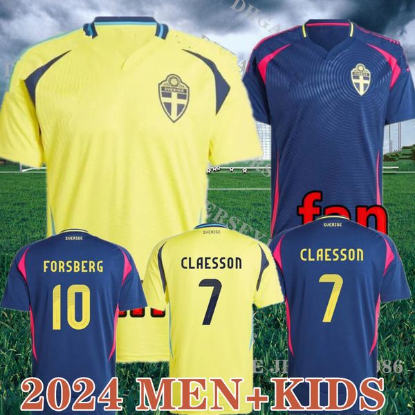 2024 Suécia Larsson Mens Futebol Jerseys National Team Retro Dahlin Brolin Ingesson Home Amarelo Away Azul Adulto Camisas de Futebol Uniformes Kids Kit 888