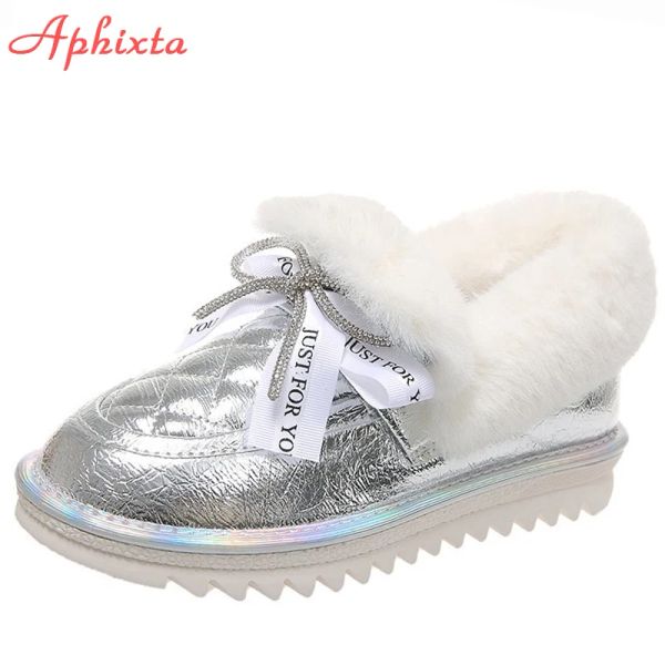 Сапоги Aphixta плюшевые теплые серебряные зимние снежные женские ботинки платформа платформа на каблуках кристаллы.