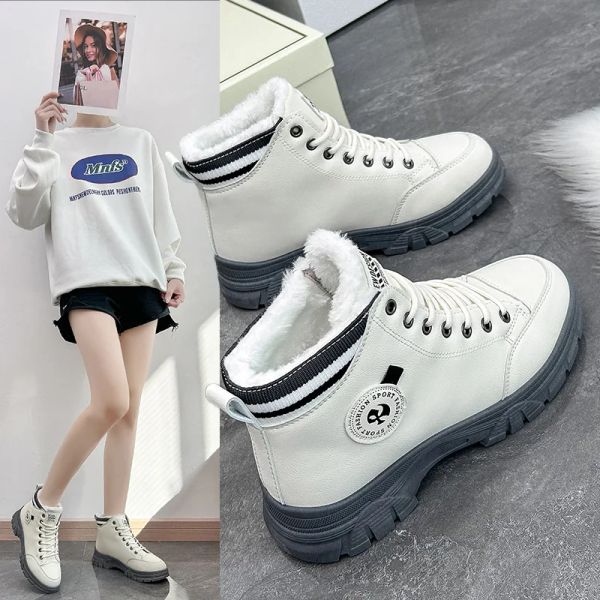 Stiefel neue koreanische warme Winter Frauen Schneestiefel Damen Knöchelstiefel pu Plüsch Frau Sneakers Flats Schnürschüler Baumwollschuhe