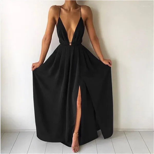 Casual Kleider 2024 Sommer Mode Sexy V-ausschnitt Low-Cut Sling Backless frauen Chiffon Rock Bohemian Kleid Lange