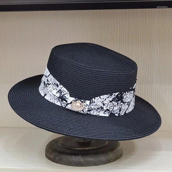 Berets estilo japonês pérola flor pano decoração para o dia de lazer feminino na primavera e verão proteção solar praia moda chapéu de grama