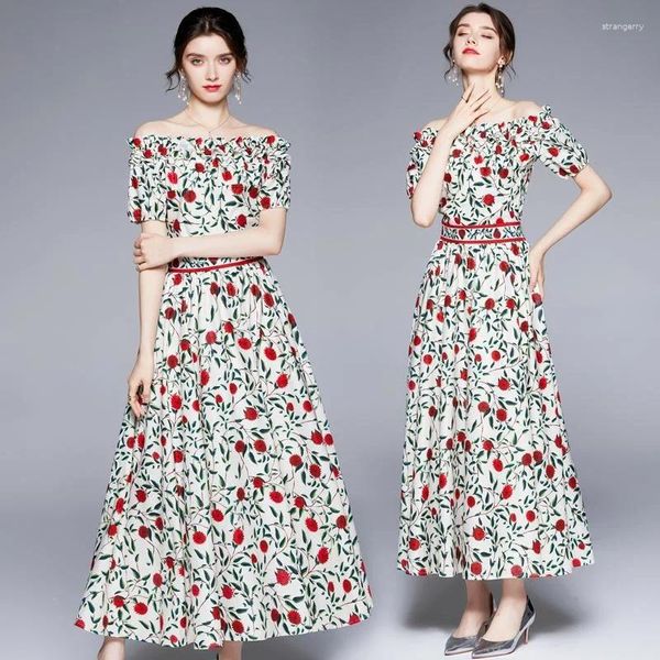 Partykleider Slash Class Neck Occident Socialite Robe Feminino Big Swing Red Floral Shoulderoff Vestidos Elegante schlanke hohe Taille