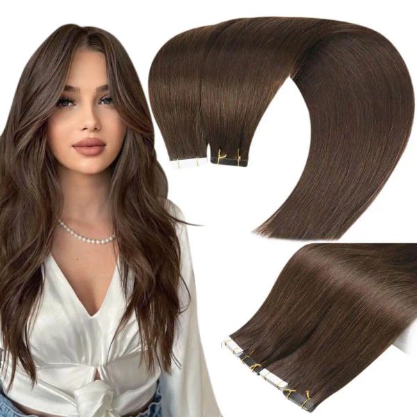 Extensões moresoo fita em extensões de cabelo virgem 10 pçs 25g cabelo castanho escuro 100% cabelo humano real natural invisível fita extensões de cabelo