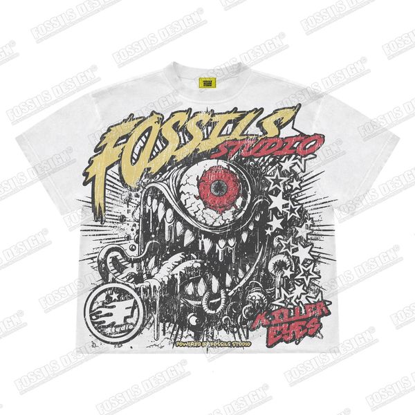 Amerikan Retro Gözler Baskı Tshirt büyük boy gevşek y2k üstler Kore Gotik Tişörtlü Çiftler Vintage Fosiller Tasarım Tee Sesli 240320