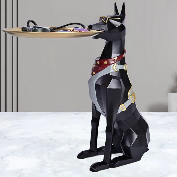 Esculturas de resina arte estátua de cachorro mordomo com bandeja para chaves suporte de joias doberman pinscher esculturas decoração de sala de estar enfeite de mesa