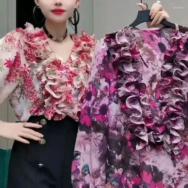 Kadın bluzları Vintage kırık çiçekler baskılı gömlek dişi giyim şık fırfırlar katlar eklenmiş gidip bahar sonbahar zarif v-yak
