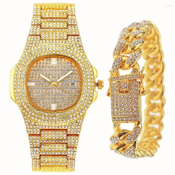 Relógios de pulso relógios para homens mulheres luxo hip hop gelado relógio de ouro com pulseira cubana corrente strass bling conjunto presentes reloj hombre