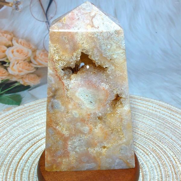 Figurine decorative Cristalli Natura Fiore di ametista rosa Torre di agata Druzy Geode Display di alta qualità Decorazione della casa da giardino Guarigione energetica