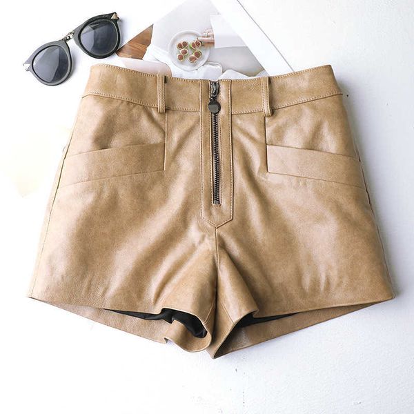 Neue Ankunft Plain Zipper Fliegende Breite Bein Gerade Stil Lose Echt Leder Biker Shorts Frauen