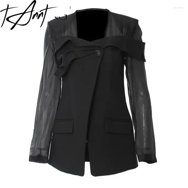 Ternos femininos tannt feminino blazer semi perspectiva costurado único botão manga longa senhoras casaco preto moda terno jaqueta 2024