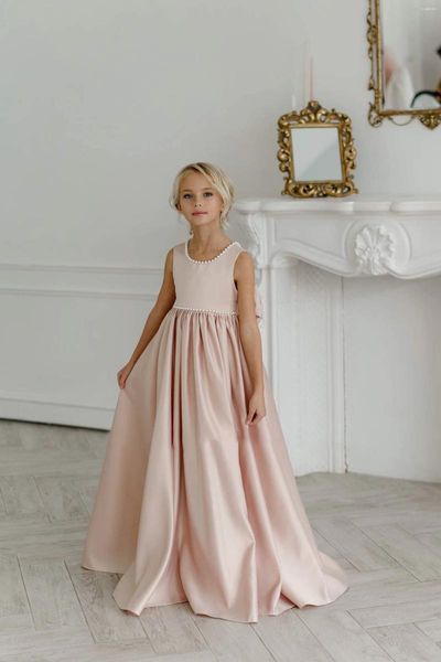 Mädchenkleider für Junior-Brautjungfer, Satin, Blumen-Elfenbein, Hochzeit, lang, für Kleinkinder