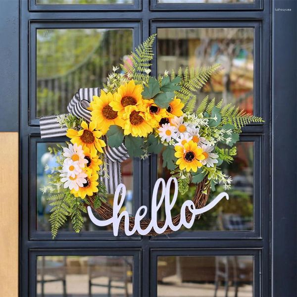 Dekoratif Çiçekler 17.7 inç Sahte Ayçiçeği Çelenk Estetik Plastik Kapı Tatil Düğün Partisi için Asma