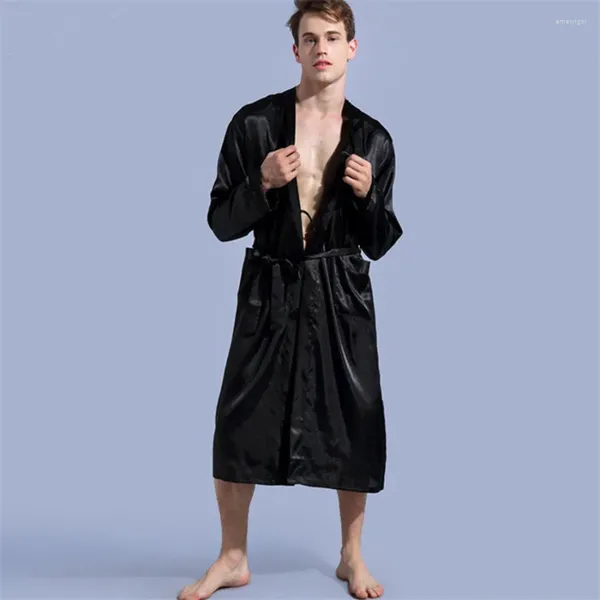 Homens sleepwear noivo robe emulação seda macio roupão homens camisola quimono manga longa v-pescoço masculino cinto loungewear casa roupas