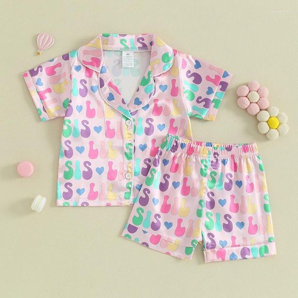Kleidungssets Kleinkind Baby Girl Satin passender Pyjamas Set Big Sister Little Button Down Shirt Shorts 2 Stück Sommer Schlafanzug