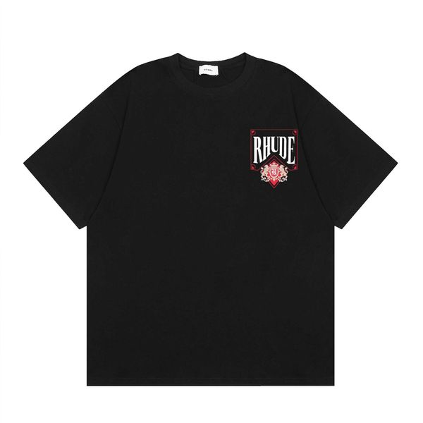 Camiseta masculina nova américa chaogao rua tendência rhude vinho cartão vermelho impressão de fio duplo puro algodão casal camiseta de manga curta