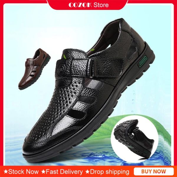 Sandalen Herren Lederschuhe Sandalen mit atmungsaktiven hohlen Männern weicher Sohle Zehenkappe Leder Sandalen Männer Schuhe