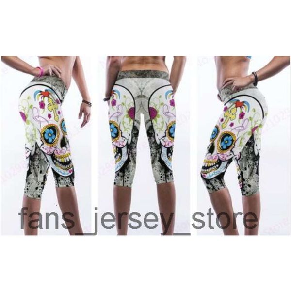 Senhoras yoga compressão leggings engraçado floral crânio fitness capri calças branco cintura alta dança collants fino correndo 3/4 calças