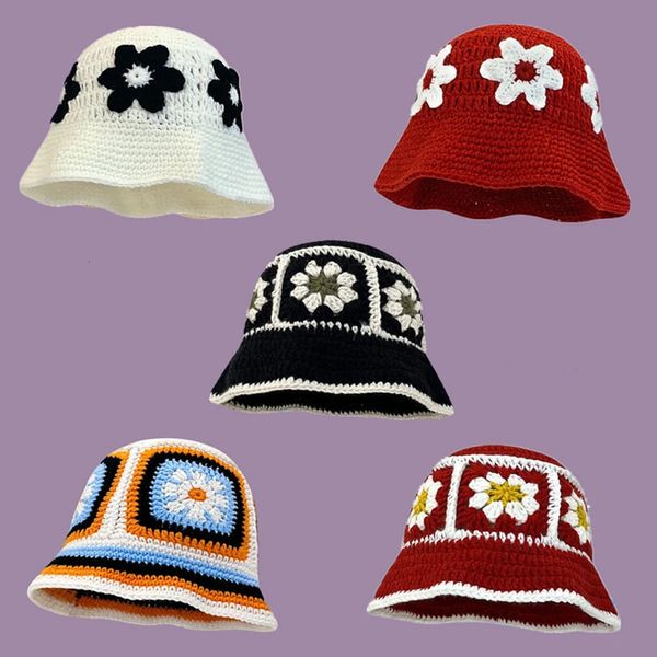 39 cores coreano artesanal balde chapéu outono feminino malha y2k moda flores gorros de inverno pescadores 240320