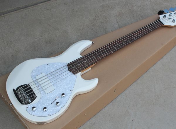 Guitar Flyoung 5 Strings White Electric Bass Guitar с жемчужным пикгардом, пикапы хамбакера, предлагайте настроить