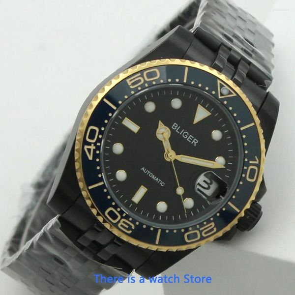 Relógios de pulso 40mm Black Dial Relógio Mecânico Masculino PVD Caso Top Luxo Safira Vidro Luminoso NH35 Movimento Automático