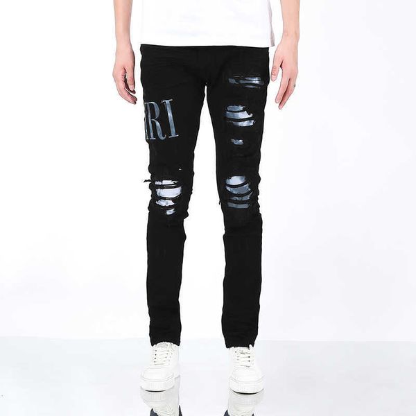 High Street Trendy Brand Tie Dyed Himmelblauer Aufnäher, bestickter Lochaufnäher, elastische Slim-Fit-Jeans in Schwarz für Herren