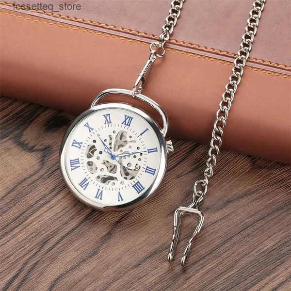 Relógios de bolso aberto Face Blue Roman Numbers Exibir mecânica Pocketing Pocket Silver Transparent Skeleton Pinging Clock Antique L240322