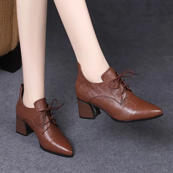 Stiefel Frauen bare Stiefel schnüren Lederschuhe spitze Zehen Oxford Schuhe für Frauen High Heels Kleiderschuhe Prägepumpen 1082n