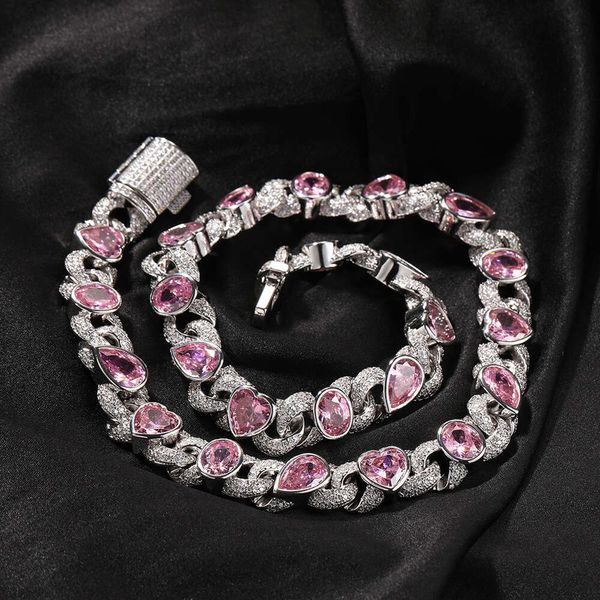 Hip-Hop-Mode, rosa Liebesherz, unendliche kubanische Kette, Diamant-Halskette, glänzender Zirkonia, Damen-Hip-Hop-Schmuck, Accessoires, süßer, cooler Instagram-Kragen