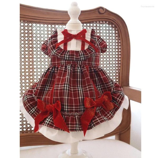 Cão vestuário 2024 retro vermelho xadrez roupas para animais de estimação bonito veludo arco princesa vestidos para pequeno médio poodle trajes casacos saias roupas